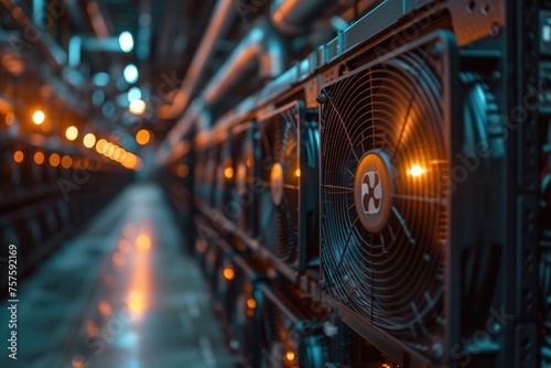 Detailed shot of a cryptocurrency mining rig with multiple graphics cards in a data center illuminated by LED lights photo