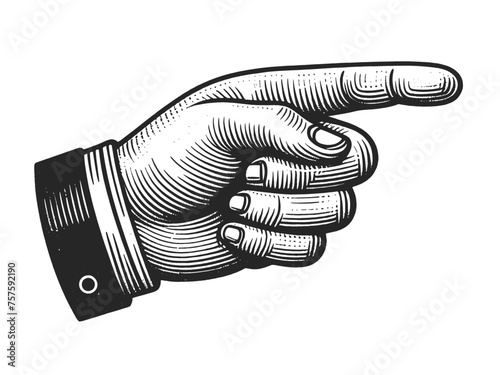 Hand pointer with forefinger index finger sketch engraving generative ai fictional character vector illustration. Scratch board imitation. Black and white image.