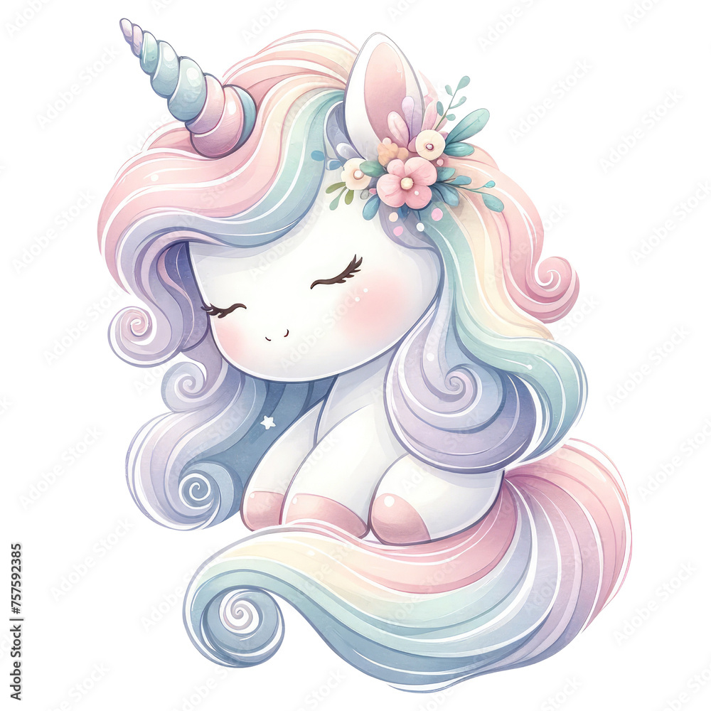 Cute Unicorn Character with Flower Wreath