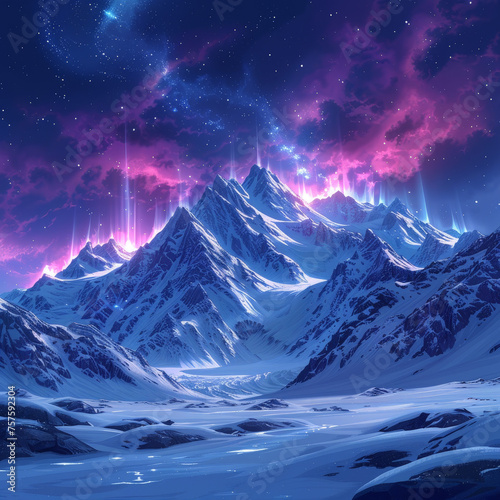 Snowy Mountain with Auroras: Indigo Colors, Japanese Brushwork