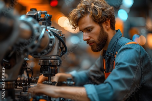 A focused engineer is adjusting complex machinery components in a factory setting, with blurred facial features