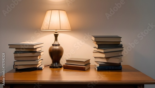 A lot of books piled on an old writing desk with a vintage lamp, neutral background