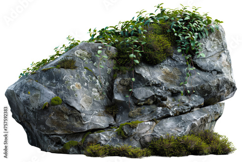 Natural rock with lush vegetation and white flowers, cut out - stock png.