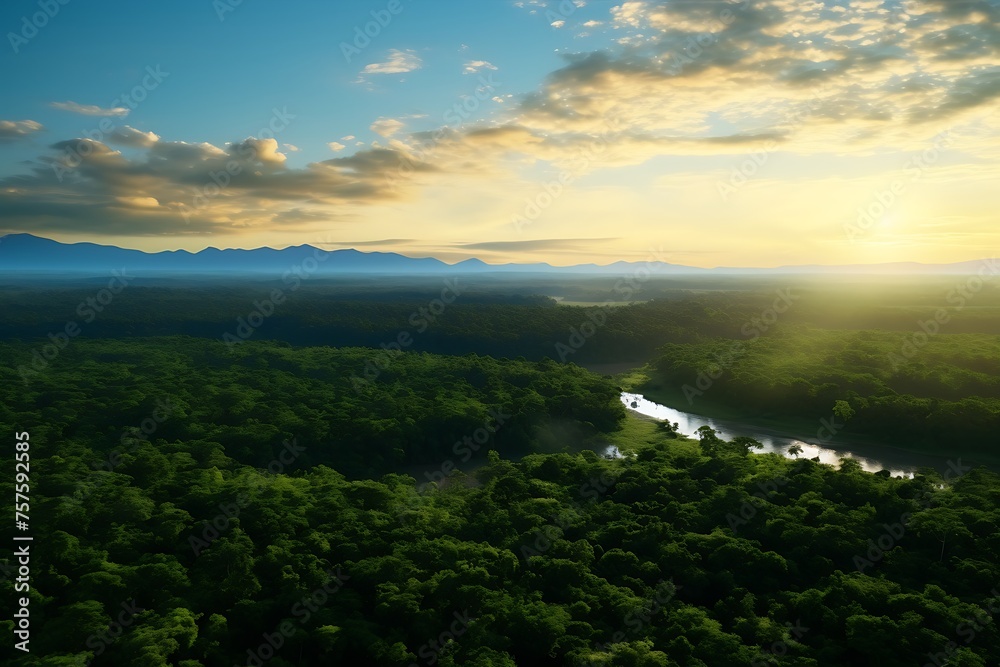 Aerial view of beautiful sunset over the forest and lake in the morning