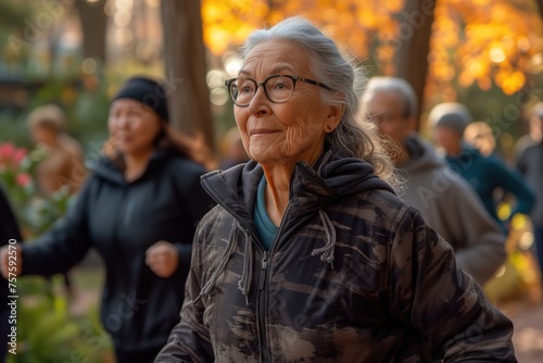 An active senior woman is jogging in a park during autumn, showcasing fitness and health in the golden years