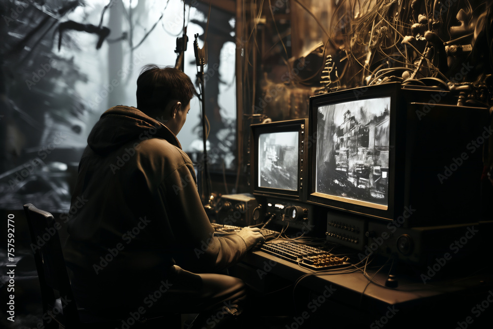 A man watches the monitor screens of a video surveillance system in a secret base in the forest, a dark atmosphere A man watches the monitor screens of a video surveillance system in a secret base in the forest, a dark atmosphere
