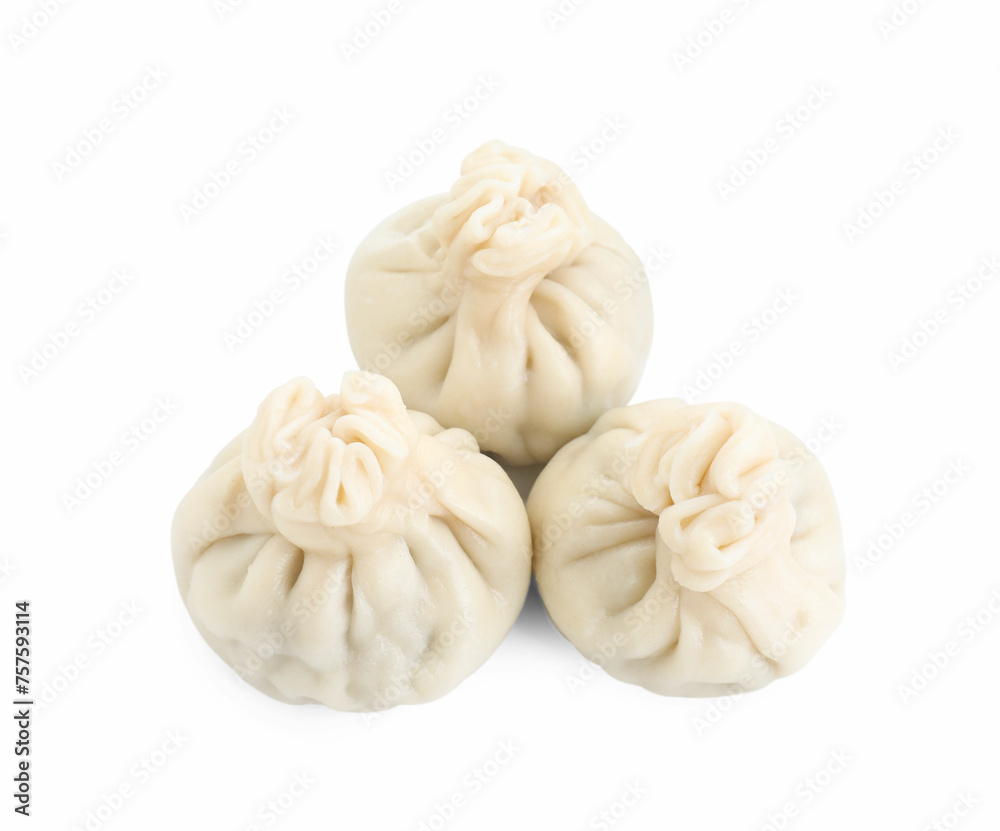 Three tasty khinkali (dumplings) isolated on white, top view. Georgian cuisine Three tasty khinkali (dumplings) isolated on white, top view. Georgian cuisine