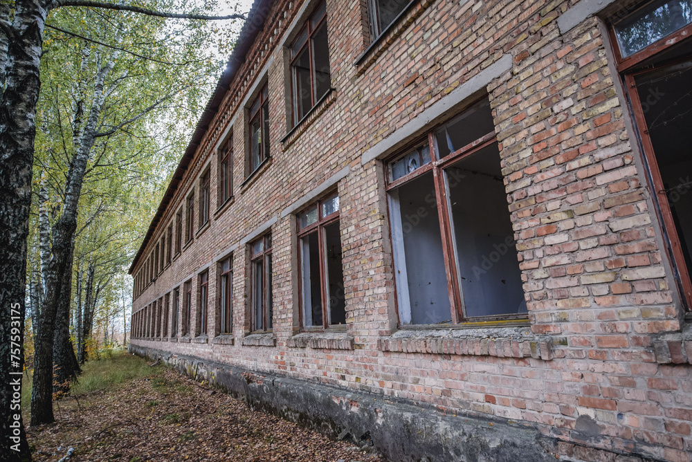 Exterior of school in Illinci abandoned village in Chernobyl Exclusion Zone, Ukraine Exterior of school in Illinci abandoned village in Chernobyl Exclusion Zone, Ukraine