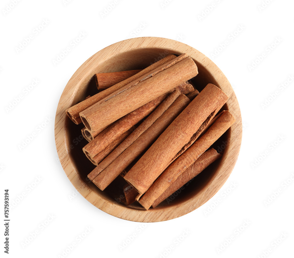 Cinnamon sticks in bowl isolated on white, top view Cinnamon sticks in bowl isolated on white, top view