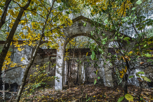 Old building in Illinci abandoned village in Chernobyl Exclusion Zone, Ukraine