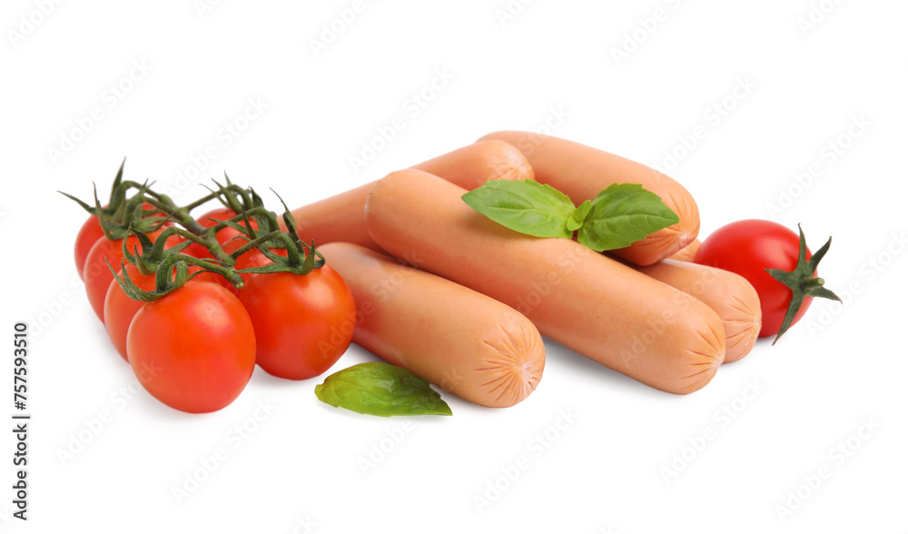 Delicious boiled sausages, tomatoes and basil on white background Delicious boiled sausages, tomatoes and basil on white background