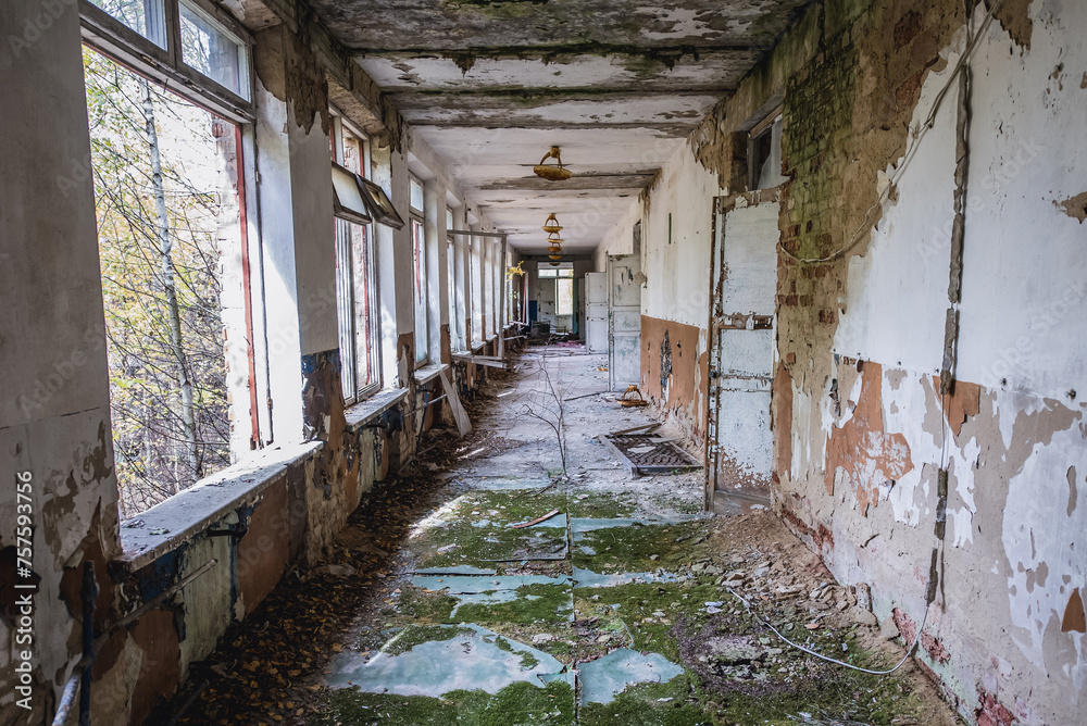 Corridor in school in Illinci abandoned village in Chernobyl Exclusion Zone, Ukraine Corridor in school in Illinci abandoned village in Chernobyl Exclusion Zone, Ukraine