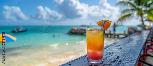 Colorful cocktails and colorful drinks on the beach with a beautiful ocean view in a Caribbean vacation background banner panorama. The concept of a summer travel Generative AI
