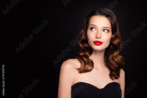 Photo of classy pretty lovely lady actress look empty space on vip event occasion over dark background