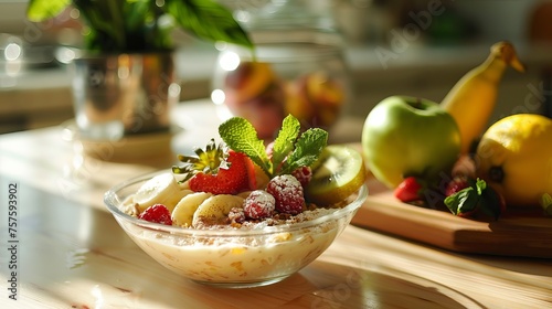 Breakfast served with coffee  orange juice  croissants  cereals  and fruits  providing a balanced diet.