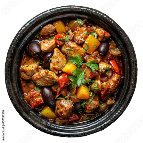 Moroccan Tagine. Spicy chicken with bell peppers and olives in a savory stew, cut out - stock png.