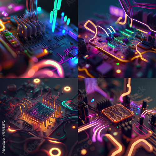 Close-up of circuit with neon effects
