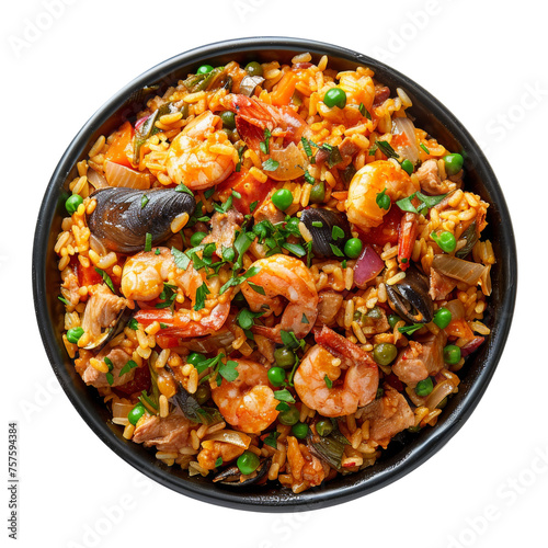 Savory shrimp and chicken paella with fresh vegetables, cut out - stock png.