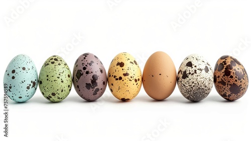 Bird eggs arranged in front of a white background. photo