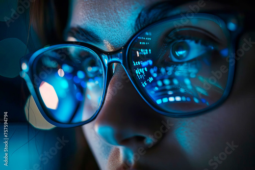 Close-up view of a persons face with eyes focused on a computer monitor  wearing glasses.