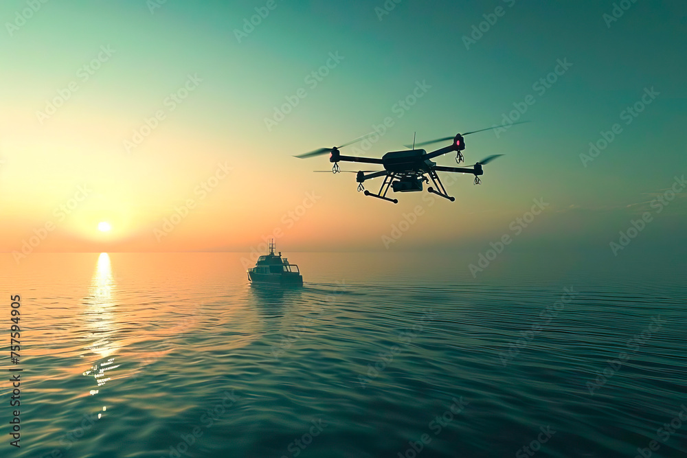 A helicopter flies above a boat sailing in the vast ocean. A helicopter flies above a boat sailing in the vast ocean.