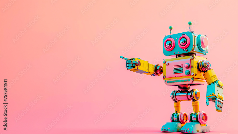 Colorful toy robot with a happy expression pointing at something on a bright pink backdrop. Colorful toy robot with a happy expression pointing at something on a bright pink backdrop.
