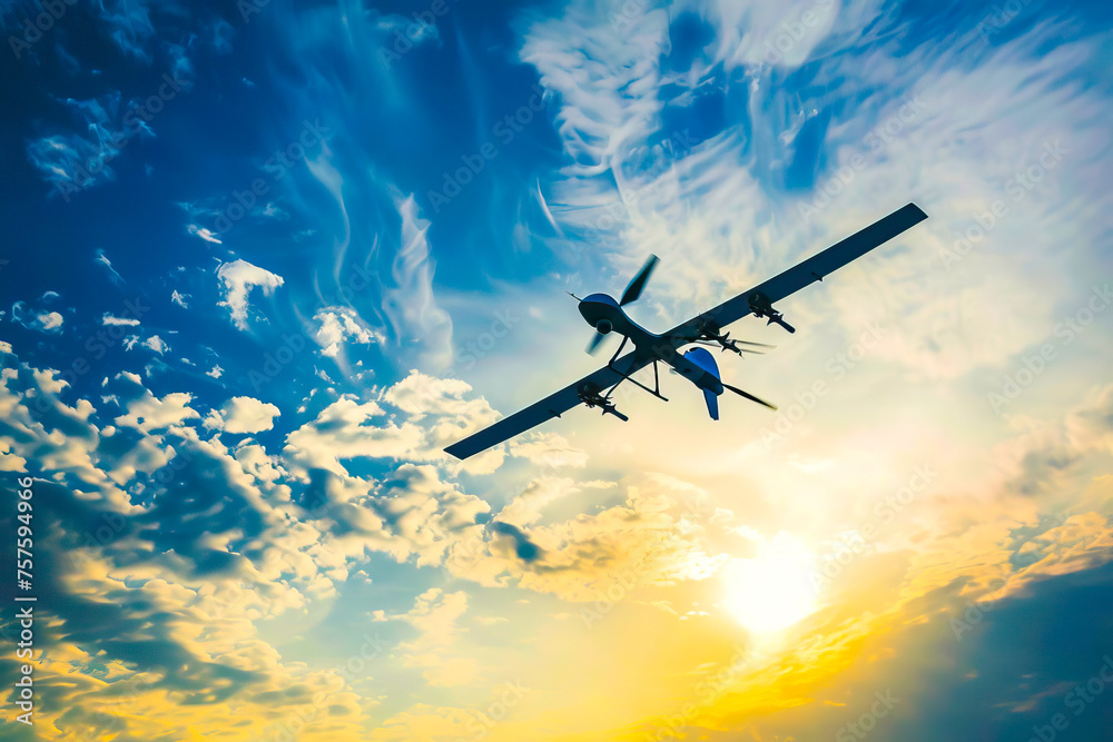 A military unmanned aerial vehicle flying in the sky with the sun setting in the background. A military unmanned aerial vehicle flying in the sky with the sun setting in the background.