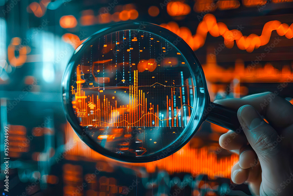 Close-up of a hand holding a magnifying glass over a detailed stock chart for financial data analysis. Close-up of a hand holding a magnifying glass over a detailed stock chart for financial data analysis.