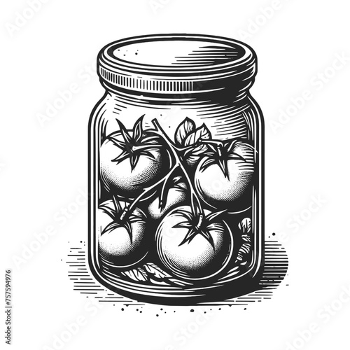 Canned tomatoes mason jar filled with ripe tomatoes and leaves sketch engraving generative ai fictional character vector illustration. Scratch board imitation. Black and white image.