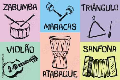 Musical instruments from the north and northeast of Brazil. Zabumba, maracas, triangle, guitar, accordion and atabaque. Cordel Woodcut Style.eps photo