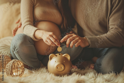 Pregnant woman with partner inserting coin into piggy bank, preparing for future expenses
