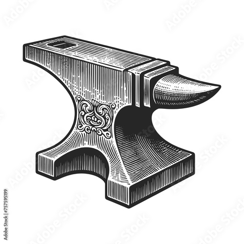 Vintage blacksmith anvil, depicted in an engraved style. Sketch engraving generative ai vector illustration. Scratch board imitation. Black and white image.