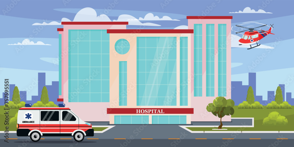 Vector illustration of a hospital building. Cartoon landscape scene with modern hospital building, ambulance car and plane, green trees, bushes and silhouettes of city houses, sky with white clouds.