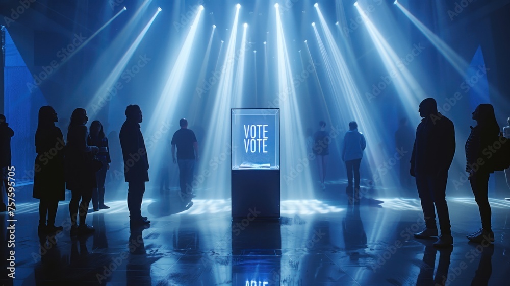 People casting votes at a modern illuminated voting booth. People casting votes at a modern illuminated voting booth.