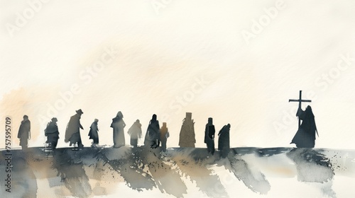 Stylized watercolor painting of a silhouette procession with cross photo