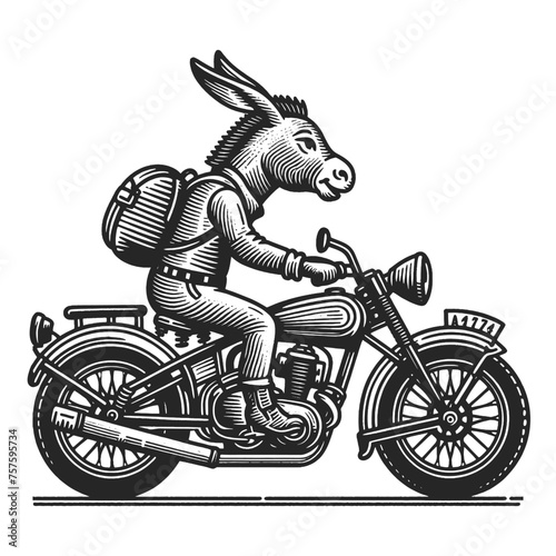 donkey riding a classic motorcycle, with a humorous and whimsical vintage vibe sketch engraving generative ai vector illustration. Scratch board imitation. Black and white image.