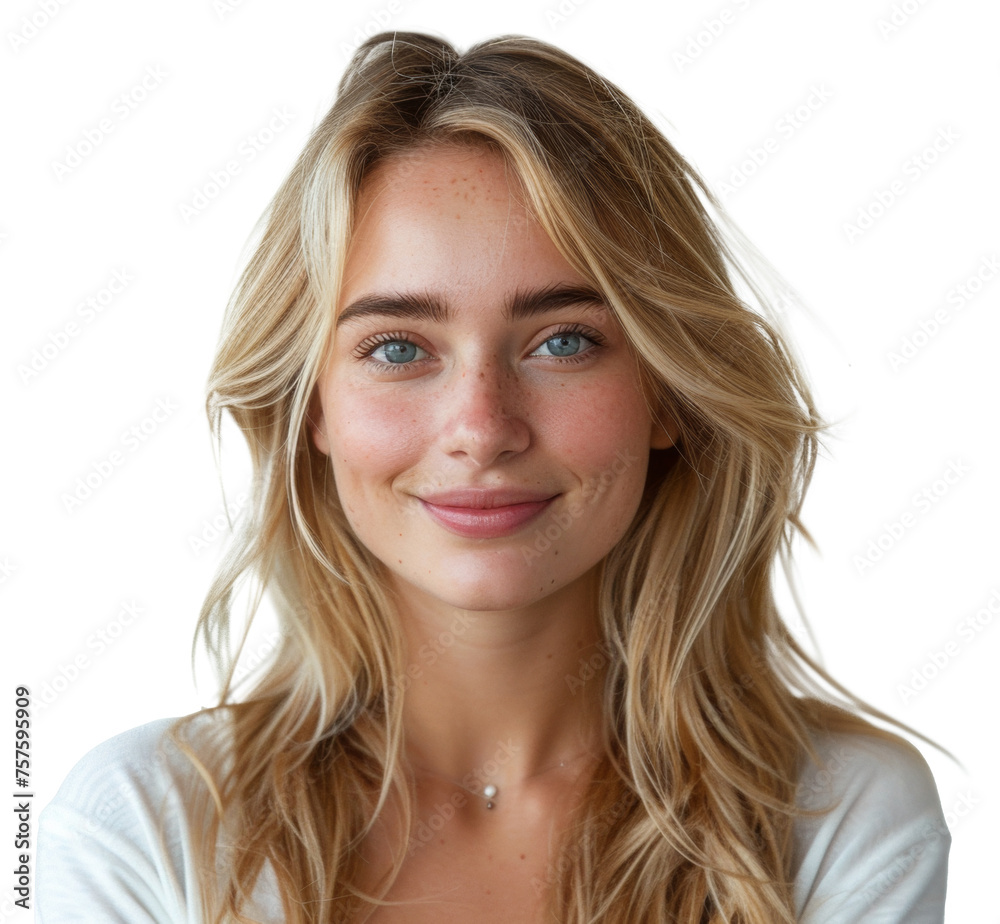 Blonde woman with necklace and white shirt smiling, cut out - stock png. Blonde woman with necklace and white shirt smiling, cut out - stock png.