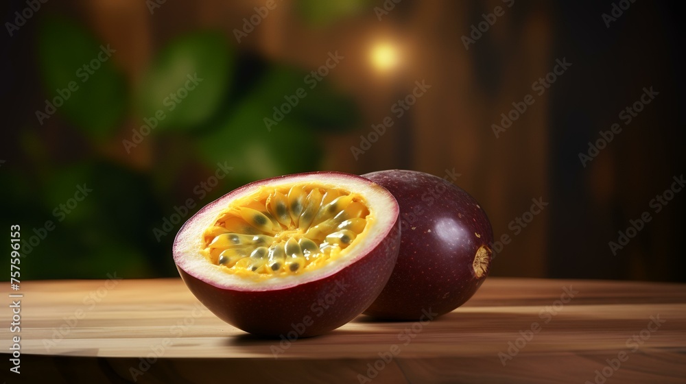 Passion fruit on wooden table. Passion fruit on dark background. Passion fruit on wooden table. Passion fruit on dark background.