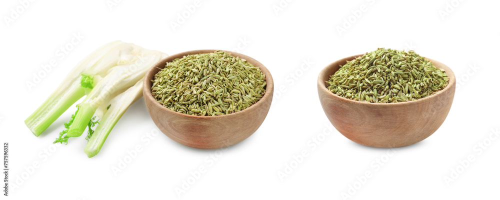 Fennel bulb and seeds isolated on white Fennel bulb and seeds isolated on white
