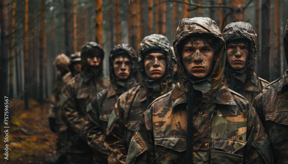 Determined soldiers training in the forest for combat operations