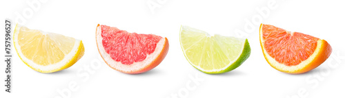 Citrus fruits. Cut fresh lemon, grapefruit, lime and orange isolated on white, set