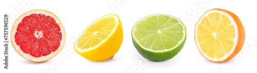 Citrus fruits. Cut fresh lemon, grapefruit, lime and orange isolated on white, set