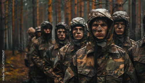 Determined soldiers training in the forest for combat operations