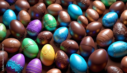 Colorful decoated chocolate tiny eater egggs on neutral background