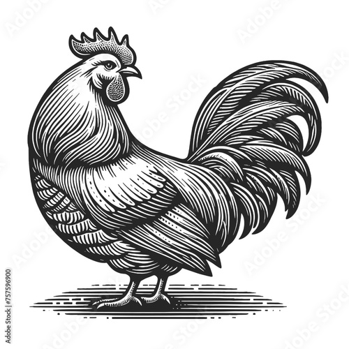 Rooster farm animal sketch engraving generative ai fictional character vector illustration. Scratch board imitation. Black and white image.
