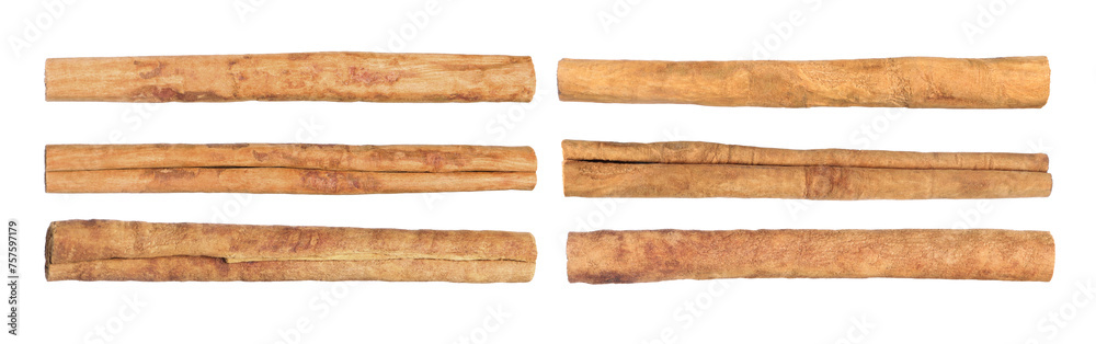 Aromatic dry cinnamon sticks isolated on white, set