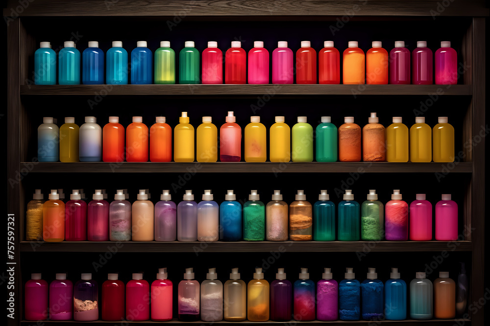 Array of Colorful Cosmetic Bottles on Shelves.
Neatly organized colorful cosmetic bottles on shelves, ideal for beauty, skincare, and health and wellness themes, as well as product and retail display.