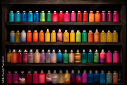 Array of Colorful Cosmetic Bottles on Shelves.
Neatly organized colorful cosmetic bottles on shelves, ideal for beauty, skincare, and health and wellness themes, as well as product and retail display.