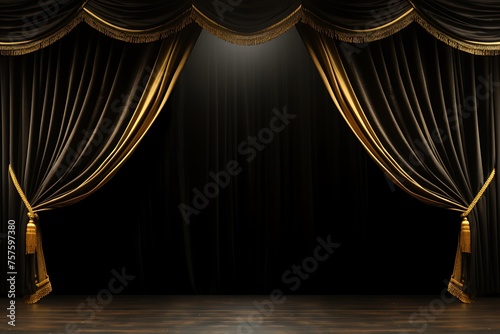Curtain with gold curtains and wooden floor. 3D Rendering