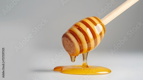 Honey dripping from wooden dipper and creating puddle isolated on white background
